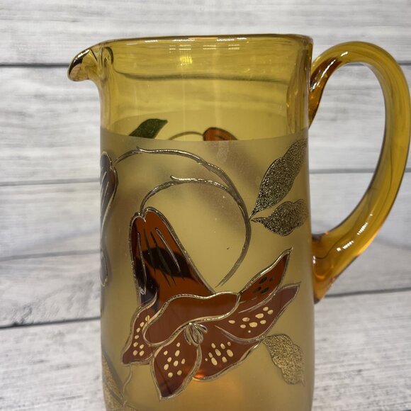 Vintage MCM Floral Amber Gold Hand Painted Etched Glass Pitcher - Picture 3 of 12